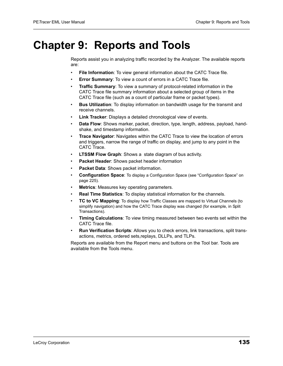 Chapter 9: reports and tools, Chapter 9, Reports and tools | Teledyne LeCroy PETracer EML Analyzer and Exerciser User Manual User Manual | Page 143 / 258