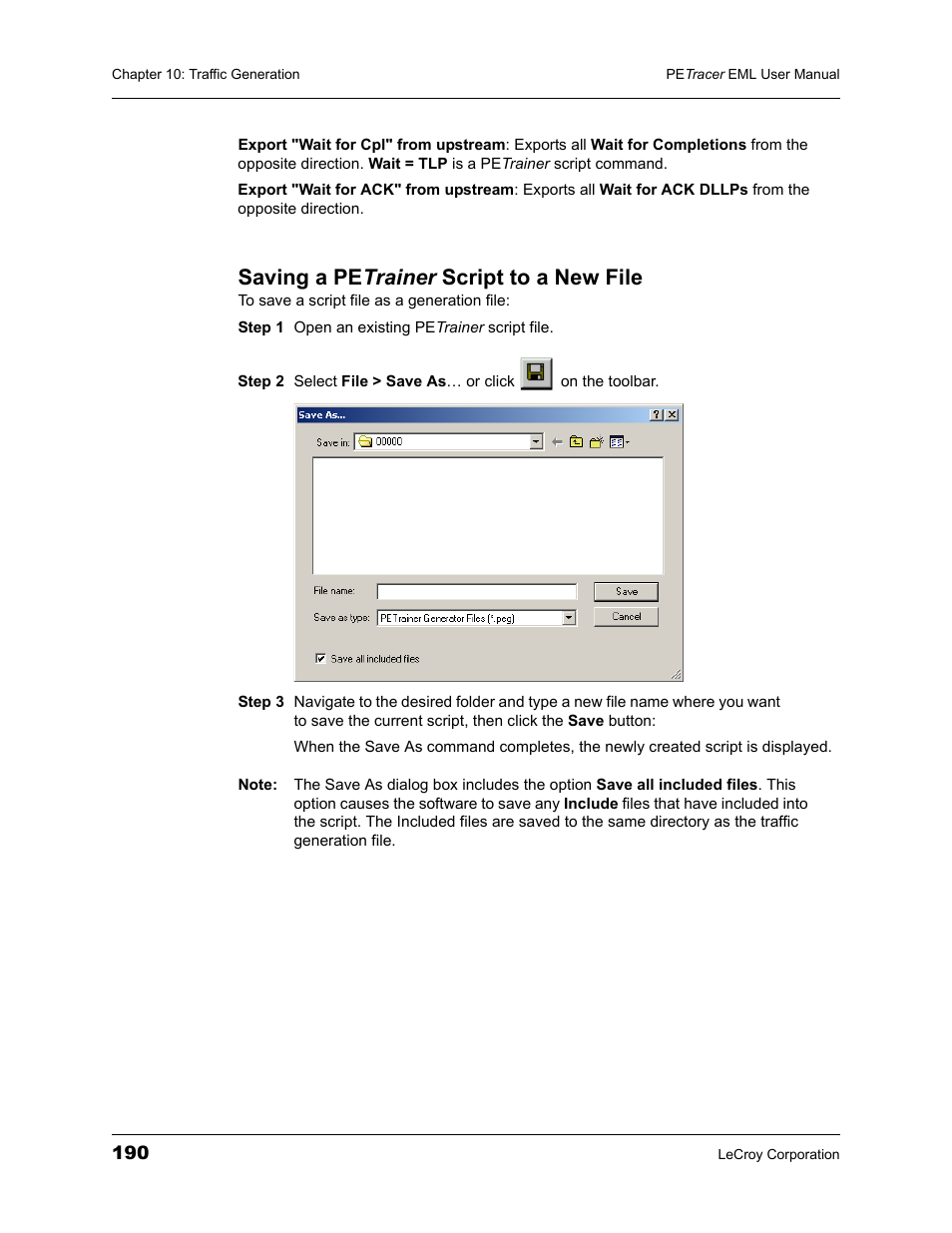 Saving a petrainer script to a new file, Saving a pe trainer script to a new file | Teledyne LeCroy PETracer EML Analyzer and Exerciser User Manual User Manual | Page 198 / 258