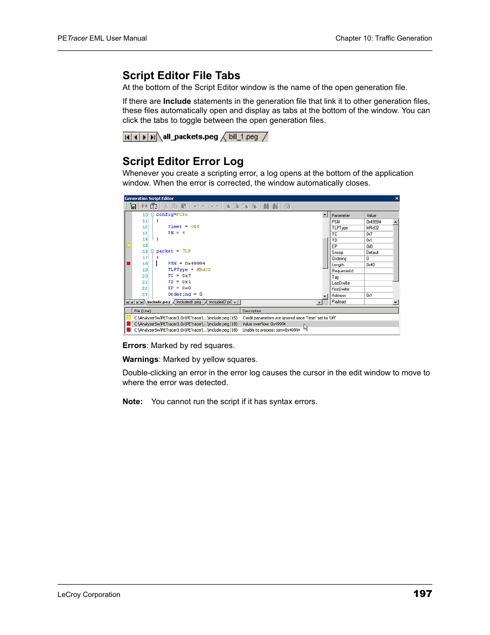 Script editor file tabs, Script editor error log, Script editor file tabs script editor error log | Teledyne LeCroy PETracer EML Analyzer and Exerciser User Manual User Manual | Page 205 / 258