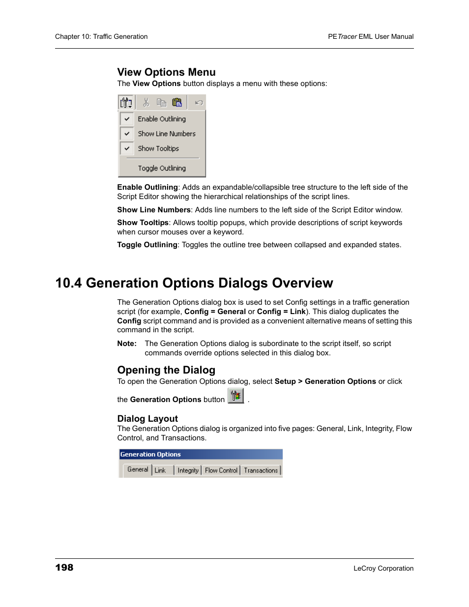 View options menu, 4 generation options dialogs overview, Opening the dialog | Teledyne LeCroy PETracer EML Analyzer and Exerciser User Manual User Manual | Page 206 / 258