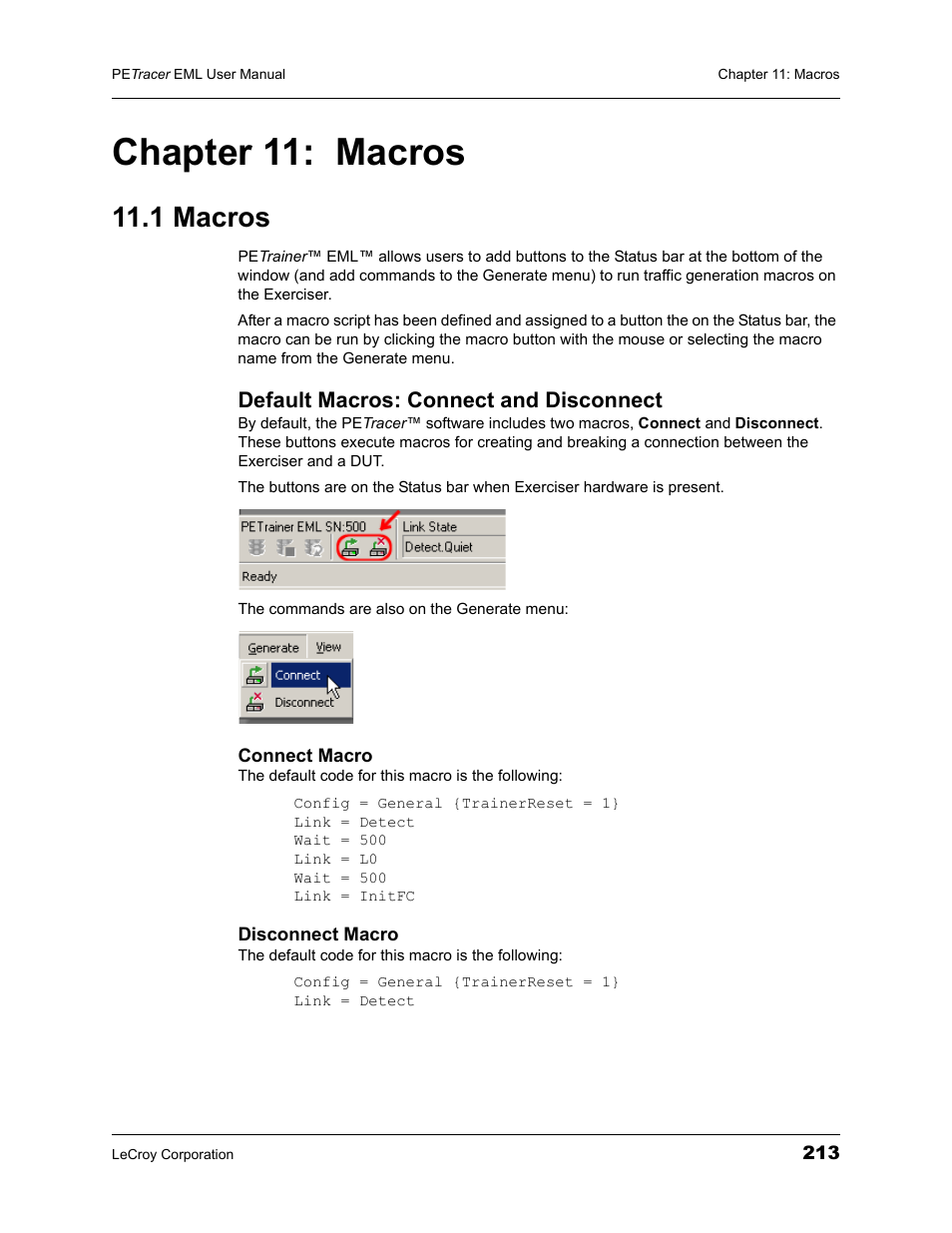 Chapter 11: macros, 1 macros, Default macros: connect and disconnect | Chapter 11 macros | Teledyne LeCroy PETracer EML Analyzer and Exerciser User Manual User Manual | Page 221 / 258