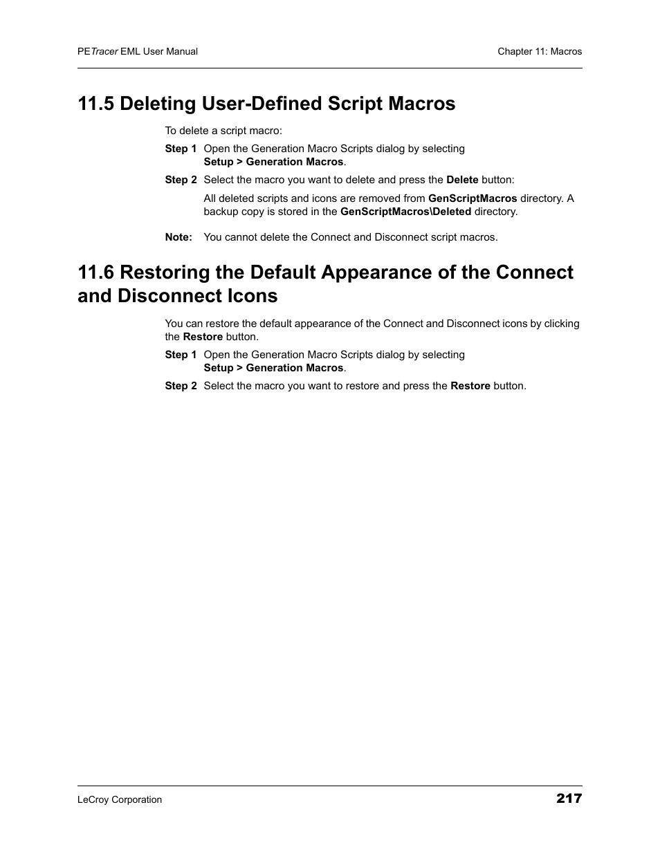 5 deleting user-defined script macros, Icons | Teledyne LeCroy PETracer EML Analyzer and Exerciser User Manual User Manual | Page 225 / 258