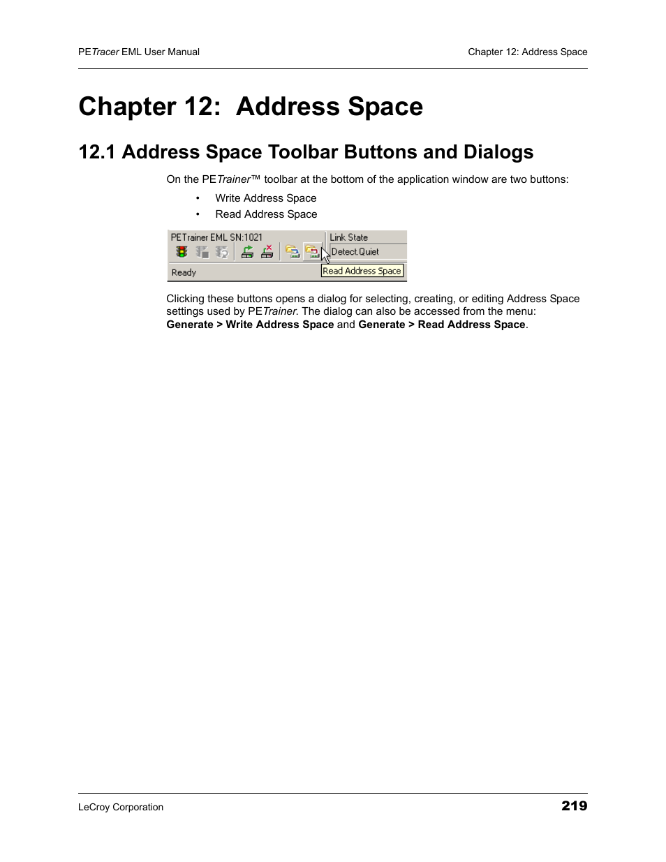 Chapter 12: address space, 1 address space toolbar buttons and dialogs, Chapter 12 address space | Teledyne LeCroy PETracer EML Analyzer and Exerciser User Manual User Manual | Page 227 / 258