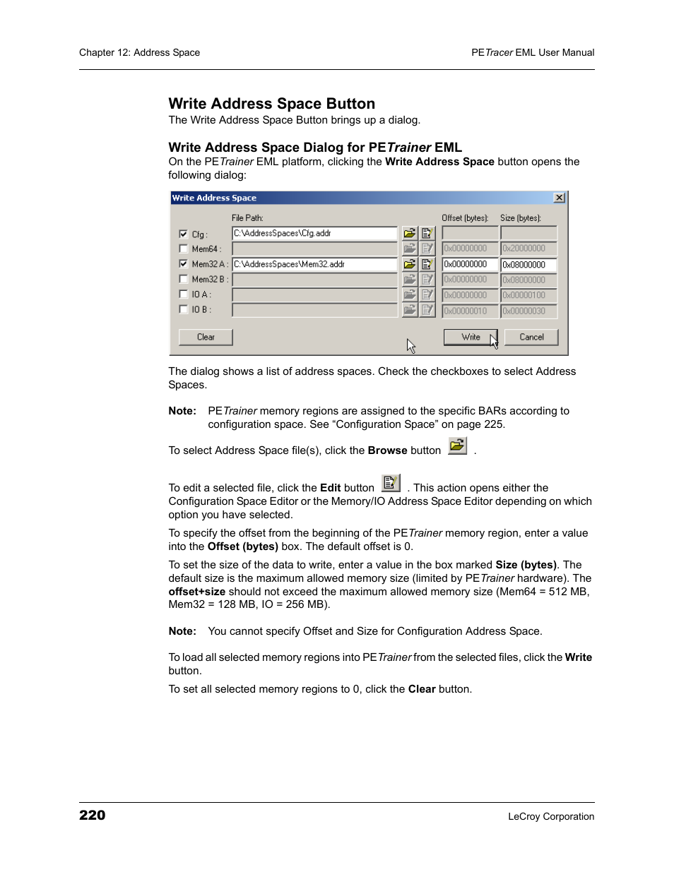 Write address space button | Teledyne LeCroy PETracer EML Analyzer and Exerciser User Manual User Manual | Page 228 / 258