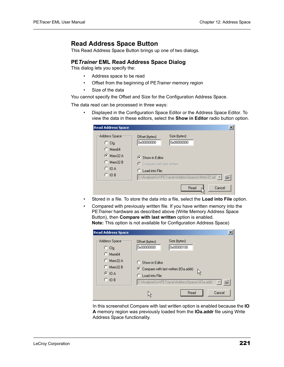 Read address space button | Teledyne LeCroy PETracer EML Analyzer and Exerciser User Manual User Manual | Page 229 / 258
