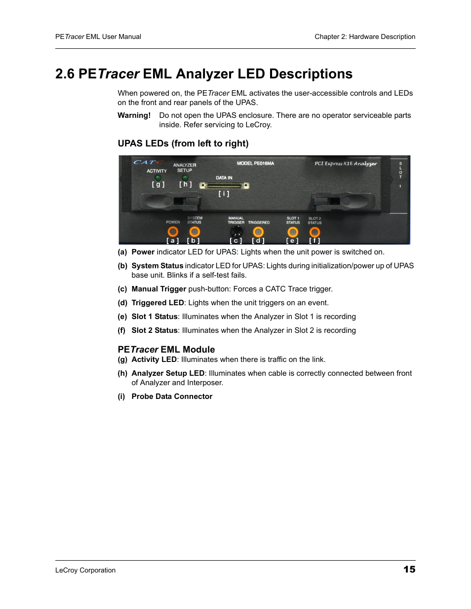 6 petracer eml analyzer led descriptions, 6 pe tracer eml analyzer led descriptions | Teledyne LeCroy PETracer EML Analyzer and Exerciser User Manual User Manual | Page 23 / 258