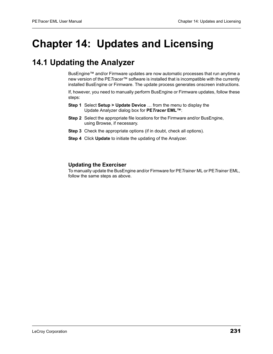 Chapter 14: updates and licensing, 1 updating the analyzer, Chapter 14 updates and licensing | Teledyne LeCroy PETracer EML Analyzer and Exerciser User Manual User Manual | Page 239 / 258