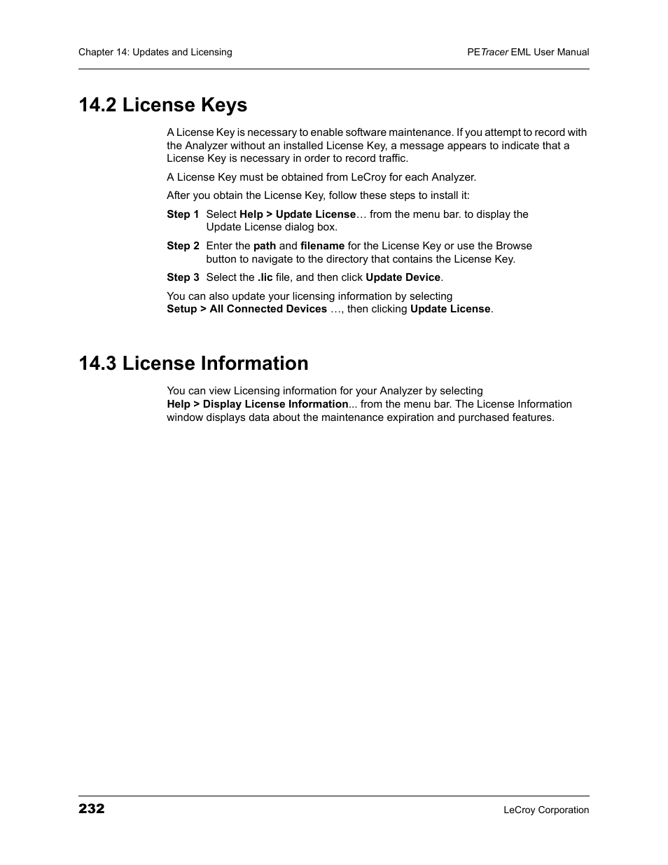 2 license keys, 3 license information, 2 license keys 14.3 license information | Teledyne LeCroy PETracer EML Analyzer and Exerciser User Manual User Manual | Page 240 / 258