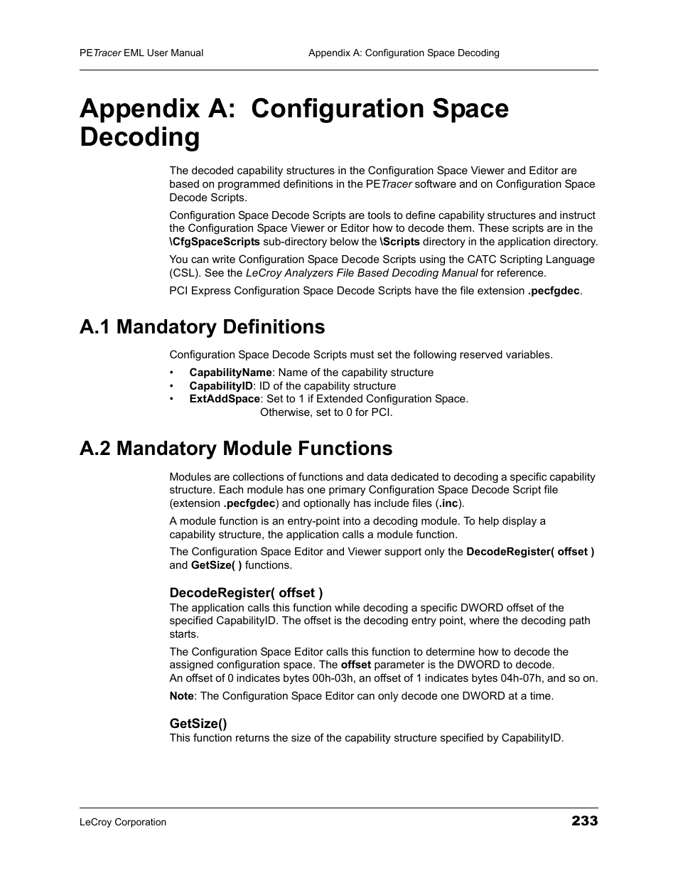 Appendix a: configuration space decoding, A.1 mandatory definitions, A.2 mandatory module functions | Appendix a configuration space decoding | Teledyne LeCroy PETracer EML Analyzer and Exerciser User Manual User Manual | Page 241 / 258