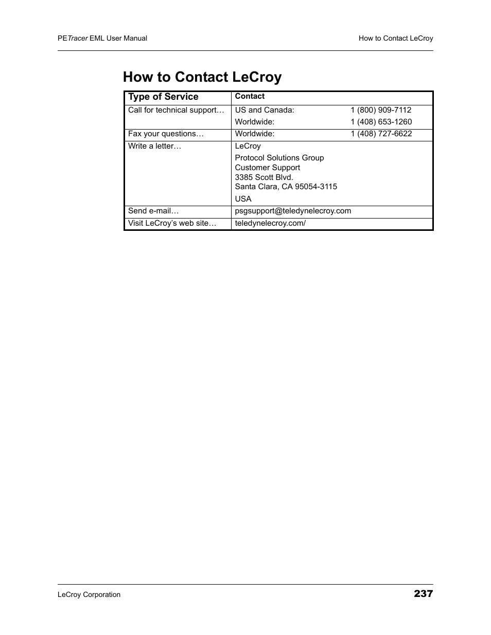 How to contact lecroy | Teledyne LeCroy PETracer EML Analyzer and Exerciser User Manual User Manual | Page 245 / 258