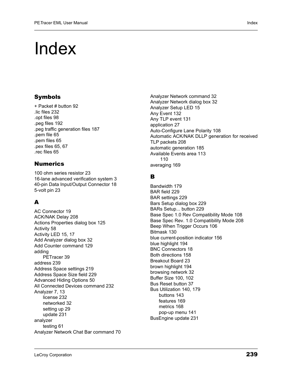 Index | Teledyne LeCroy PETracer EML Analyzer and Exerciser User Manual User Manual | Page 247 / 258