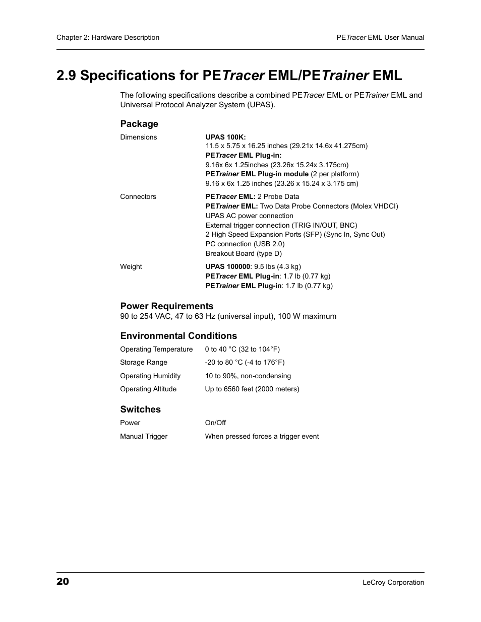 9 specifications for petracer eml/petrainer eml, 9 specifications for pe tracer eml/pe trainer eml | Teledyne LeCroy PETracer EML Analyzer and Exerciser User Manual User Manual | Page 28 / 258