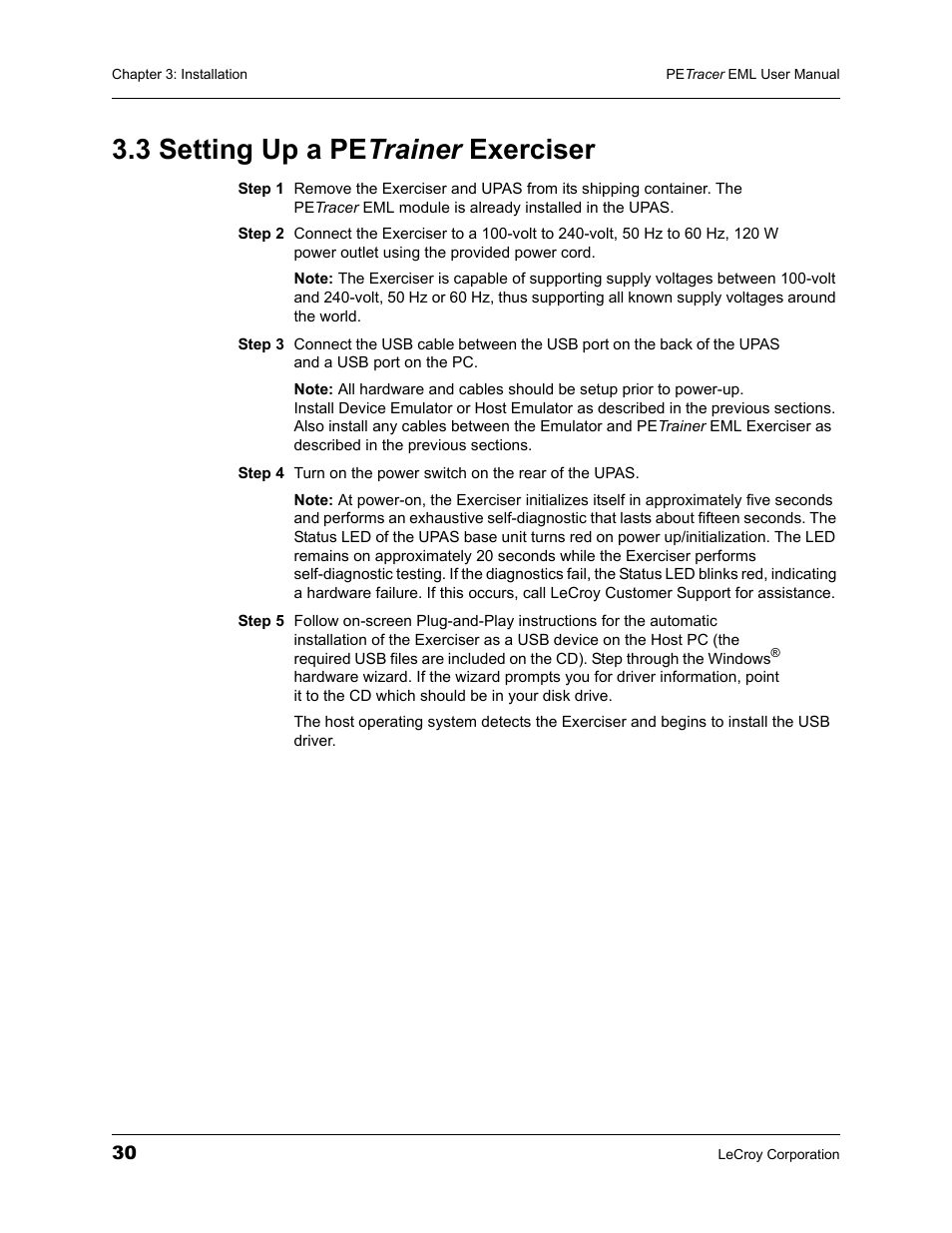 3 setting up a petrainer exerciser, 3 setting up a pe trainer exerciser | Teledyne LeCroy PETracer EML Analyzer and Exerciser User Manual User Manual | Page 38 / 258