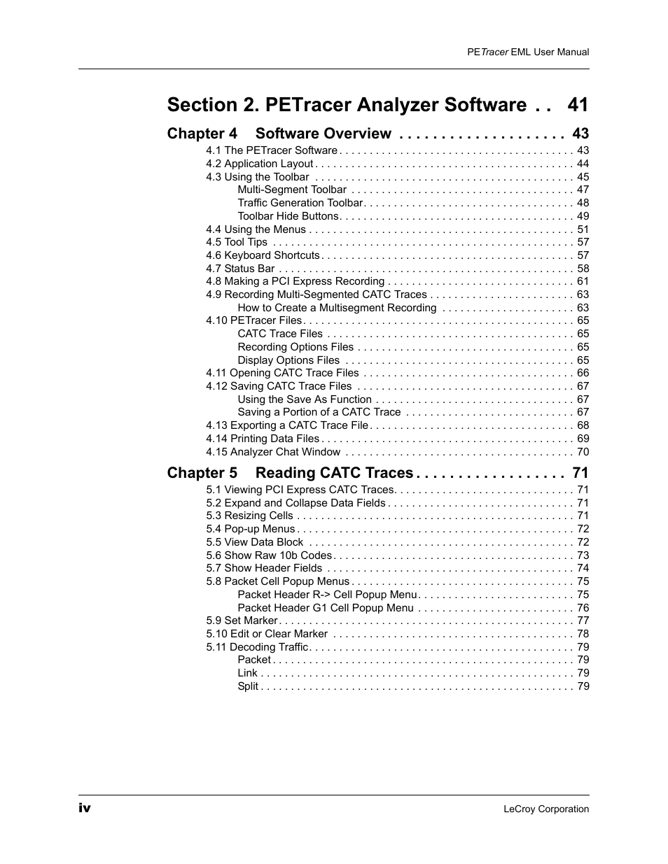 Chapter 4 software overview, Chapter 5 reading catc traces | Teledyne LeCroy PETracer EML Analyzer and Exerciser User Manual User Manual | Page 4 / 258