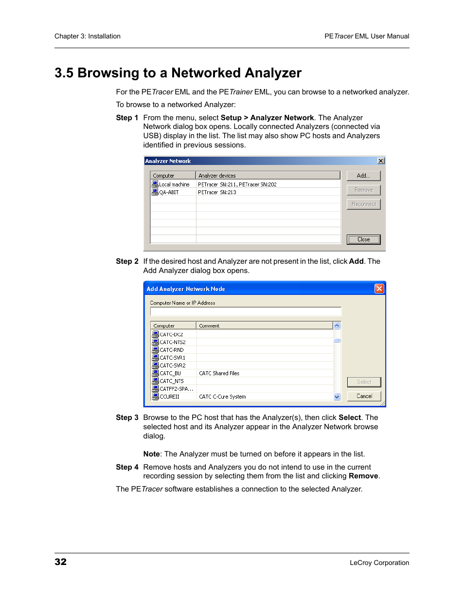 5 browsing to a networked analyzer | Teledyne LeCroy PETracer EML Analyzer and Exerciser User Manual User Manual | Page 40 / 258