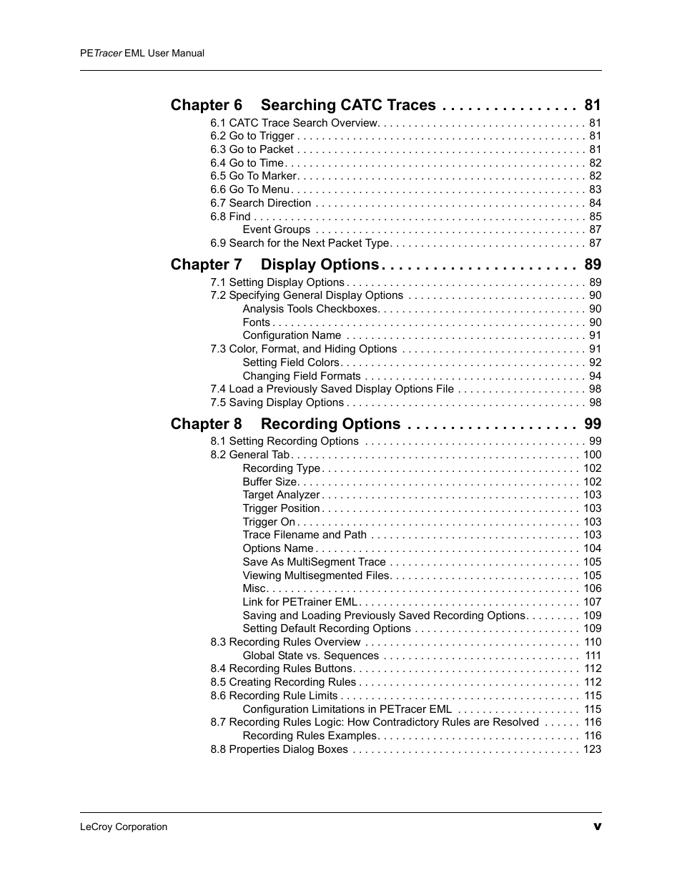 Chapter 6 searching catc traces, Chapter 7 display options, Chapter 8 recording options | Teledyne LeCroy PETracer EML Analyzer and Exerciser User Manual User Manual | Page 5 / 258