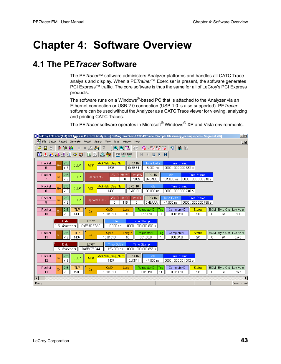 Chapter 4: software overview, 1 the petracer software, Chapter 4 | Software overview, 1 the pe tracer software | Teledyne LeCroy PETracer EML Analyzer and Exerciser User Manual User Manual | Page 51 / 258