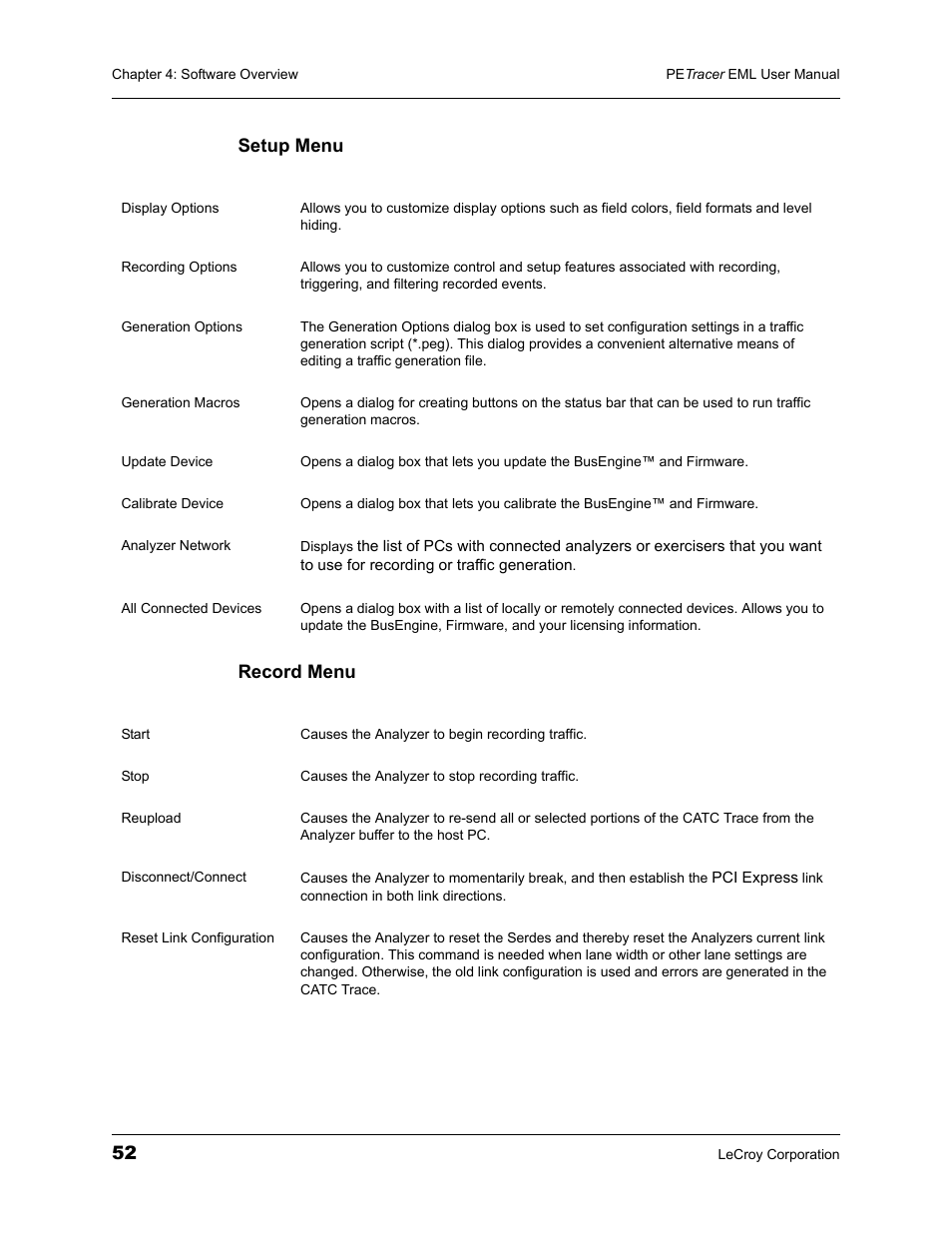 Setup menu record menu | Teledyne LeCroy PETracer EML Analyzer and Exerciser User Manual User Manual | Page 60 / 258