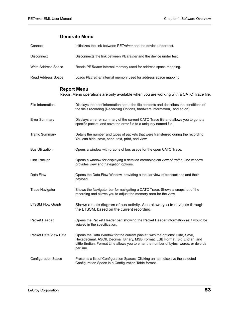 53 generate menu report menu | Teledyne LeCroy PETracer EML Analyzer and Exerciser User Manual User Manual | Page 61 / 258