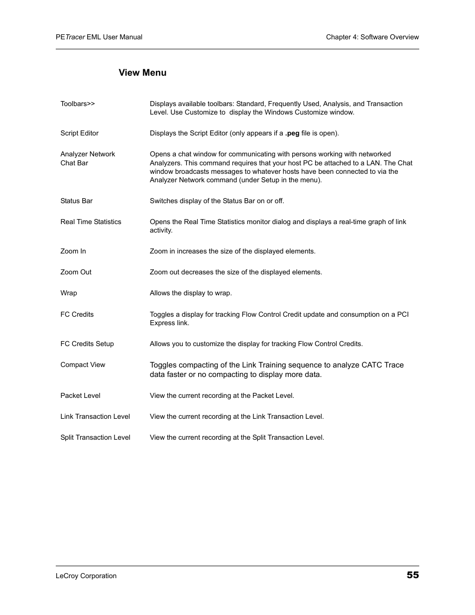 55 view menu | Teledyne LeCroy PETracer EML Analyzer and Exerciser User Manual User Manual | Page 63 / 258