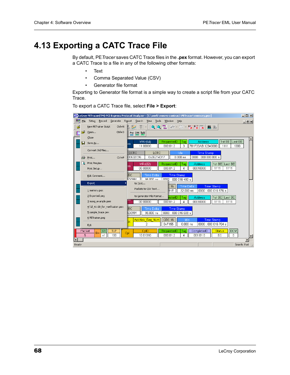 13 exporting a catc trace file | Teledyne LeCroy PETracer EML Analyzer and Exerciser User Manual User Manual | Page 76 / 258