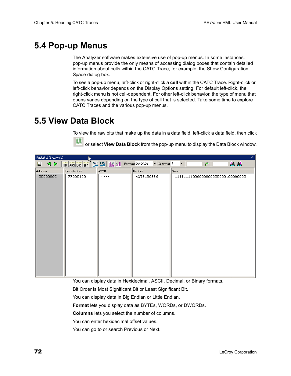 4 pop-up menus, 5 view data block, 4 pop-up menus 5.5 view data block | Teledyne LeCroy PETracer EML Analyzer and Exerciser User Manual User Manual | Page 80 / 258