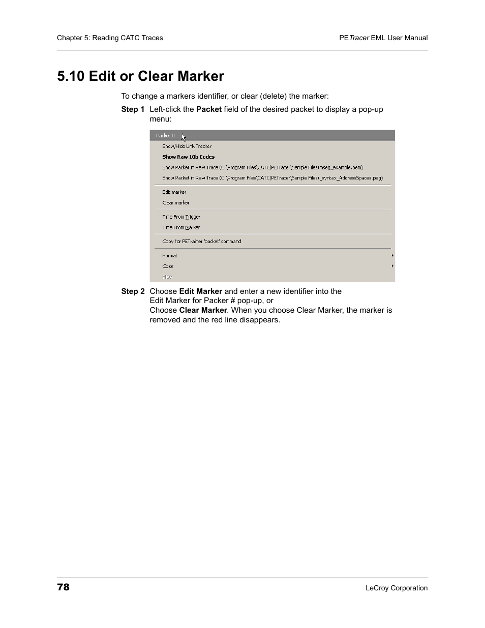 10 edit or clear marker | Teledyne LeCroy PETracer EML Analyzer and Exerciser User Manual User Manual | Page 86 / 258