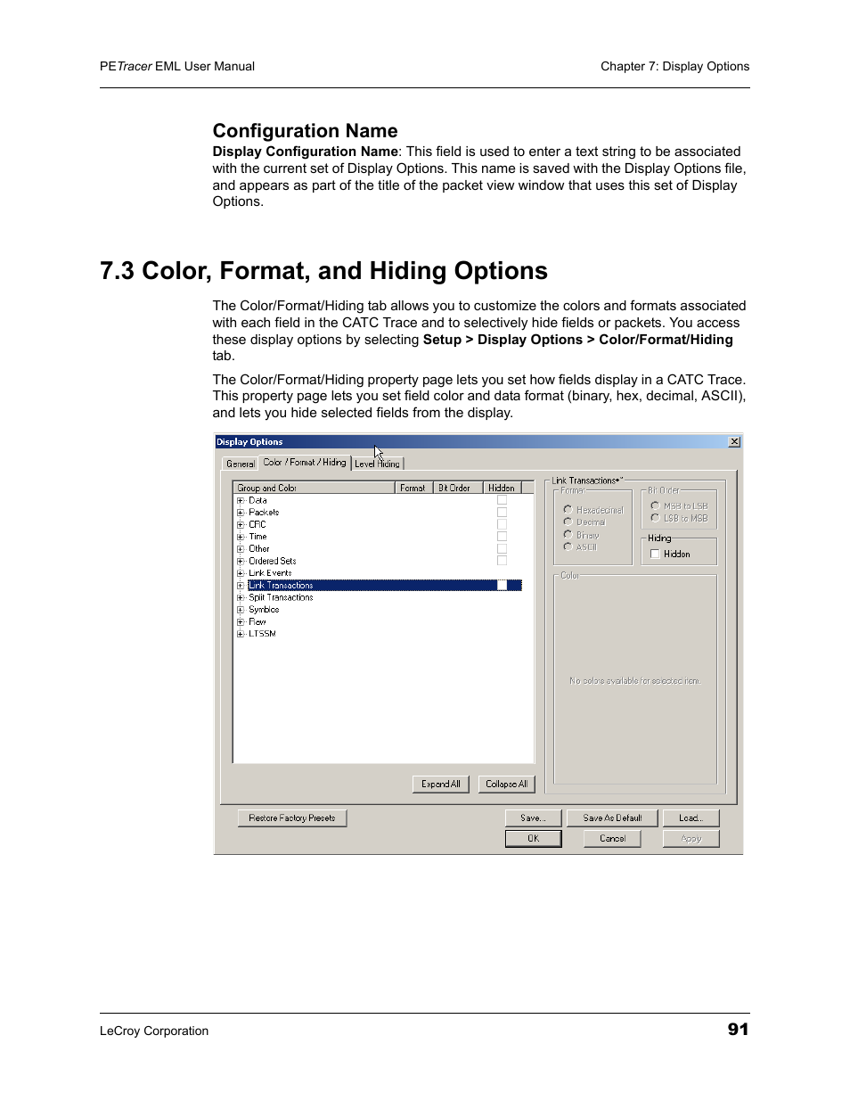 Configuration name, 3 color, format, and hiding options | Teledyne LeCroy PETracer EML Analyzer and Exerciser User Manual User Manual | Page 99 / 258