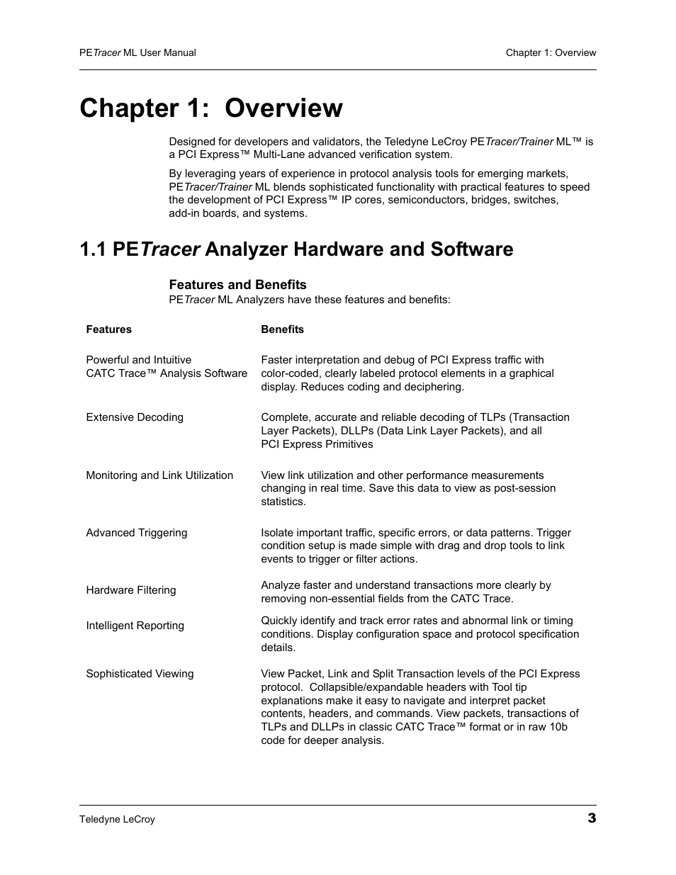 Chapter 1: overview, 1 petracer analyzer hardware and software, Chapter 1 | Overview, 1 pe tracer analyzer hardware and software | Teledyne LeCroy PETracer ML Analyzer and Exerciser User Manual User Manual | Page 11 / 274