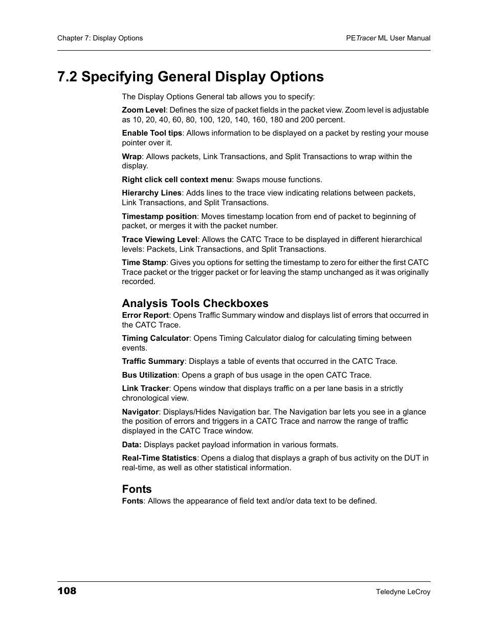 2 specifying general display options, Analysis tools checkboxes, Fonts | Analysis tools checkboxes fonts | Teledyne LeCroy PETracer ML Analyzer and Exerciser User Manual User Manual | Page 116 / 274
