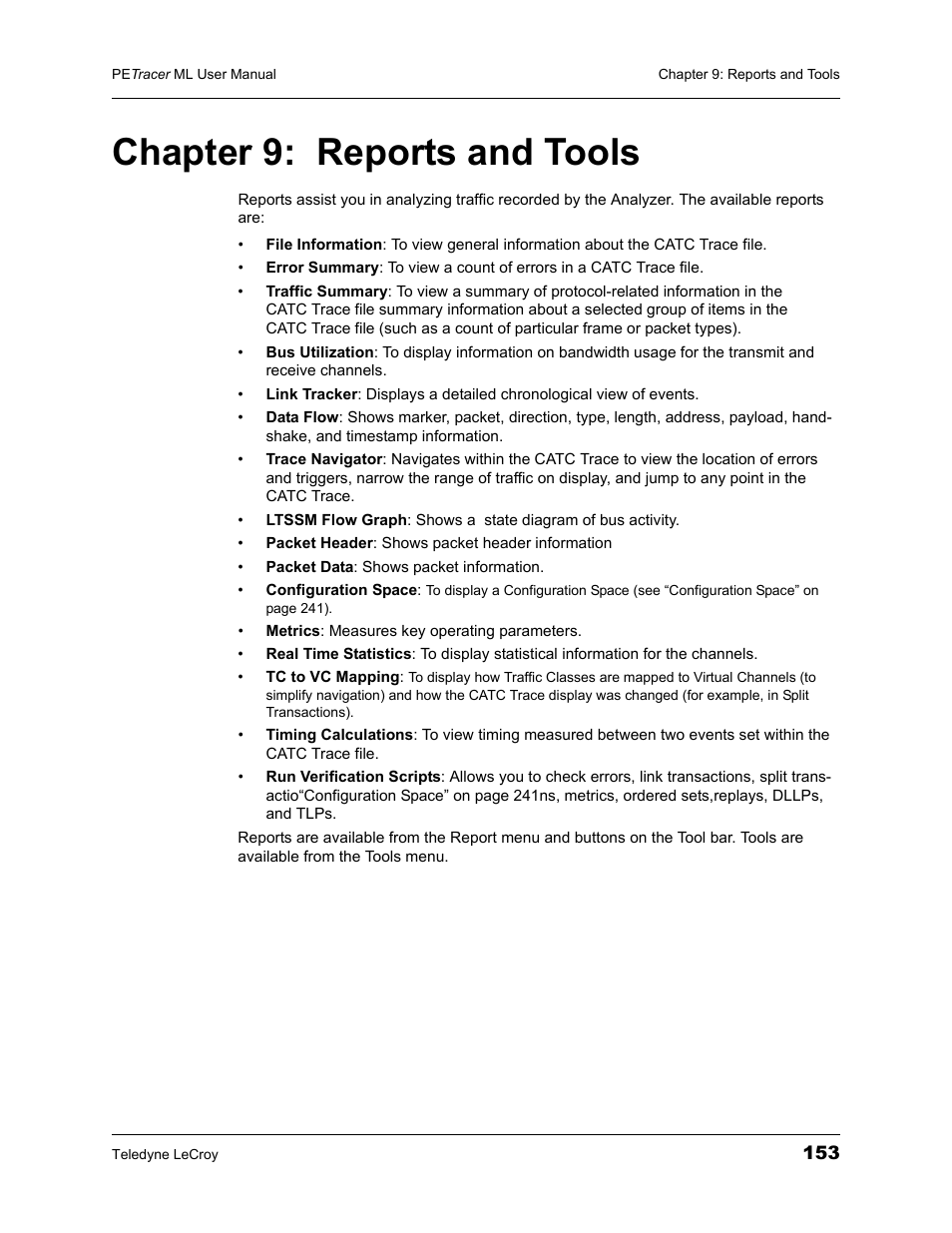 Chapter 9: reports and tools, Chapter 9, Reports and tools | Teledyne LeCroy PETracer ML Analyzer and Exerciser User Manual User Manual | Page 161 / 274