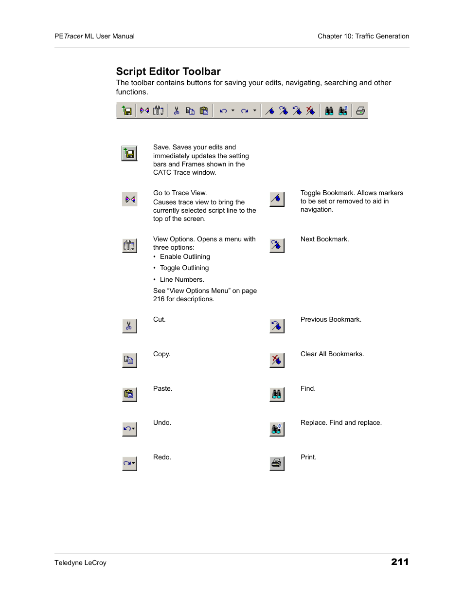Script editor toolbar | Teledyne LeCroy PETracer ML Analyzer and Exerciser User Manual User Manual | Page 219 / 274