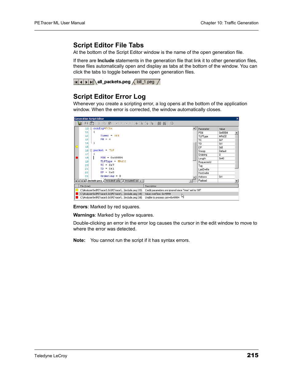 Script editor file tabs, Script editor error log, Script editor file tabs script editor error log | Teledyne LeCroy PETracer ML Analyzer and Exerciser User Manual User Manual | Page 223 / 274