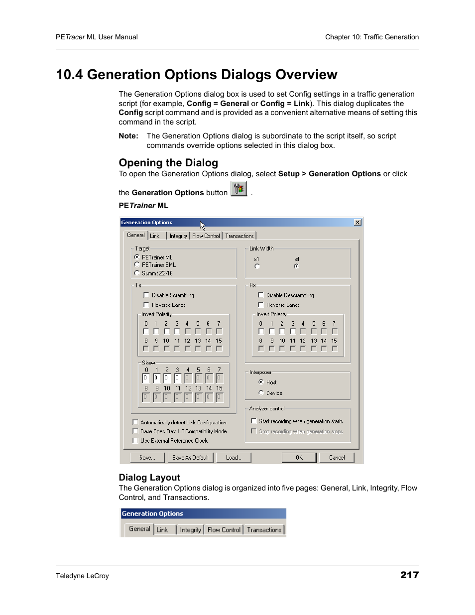 4 generation options dialogs overview, Opening the dialog | Teledyne LeCroy PETracer ML Analyzer and Exerciser User Manual User Manual | Page 225 / 274