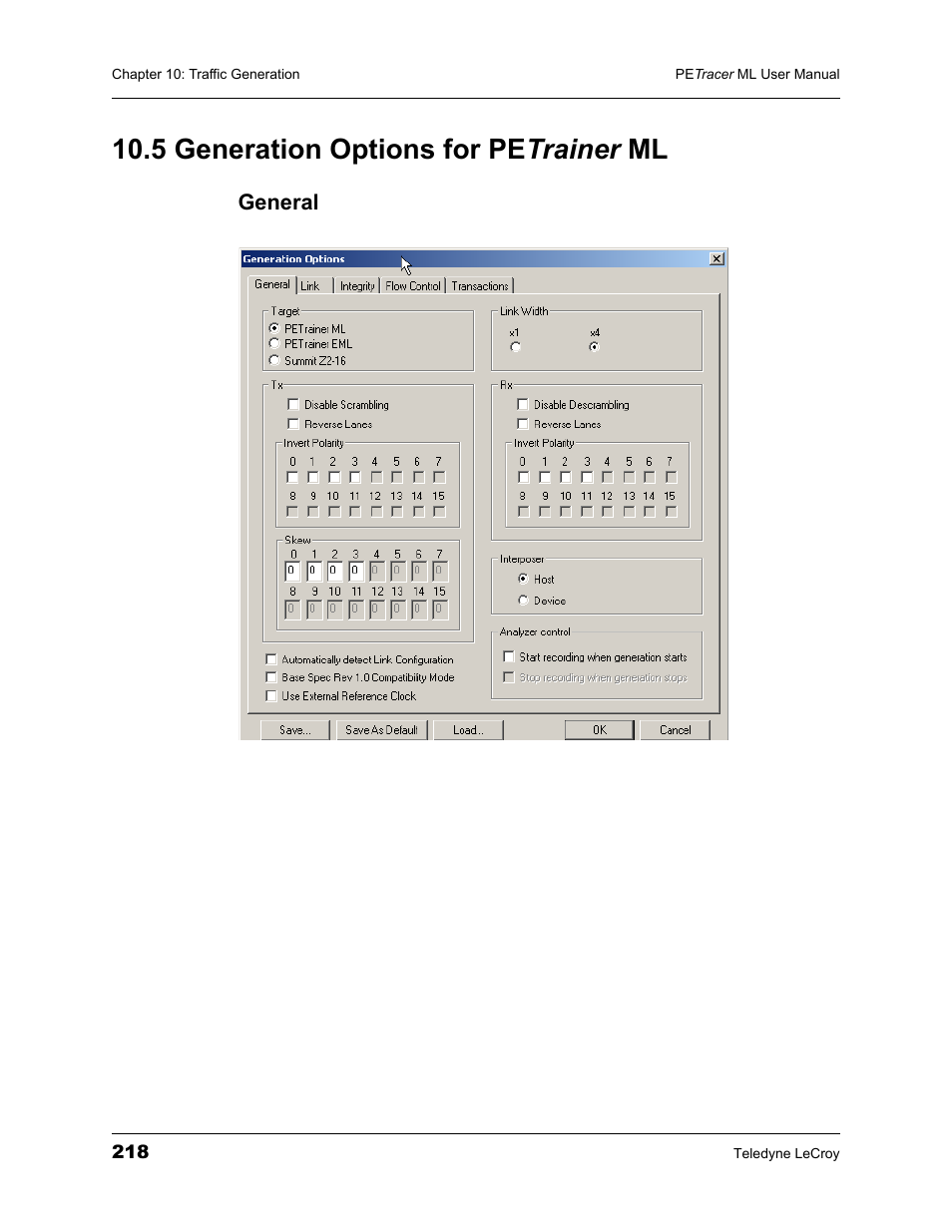 5 generation options for petrainer ml, General, 5 generation options for pe trainer ml | Teledyne LeCroy PETracer ML Analyzer and Exerciser User Manual User Manual | Page 226 / 274