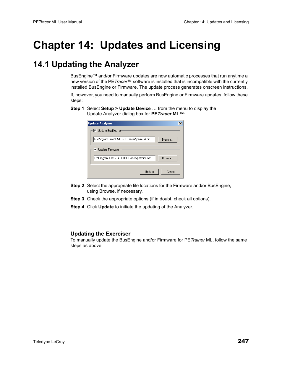 Chapter 14: updates and licensing, 1 updating the analyzer, Chapter 14 updates and licensing | Teledyne LeCroy PETracer ML Analyzer and Exerciser User Manual User Manual | Page 255 / 274