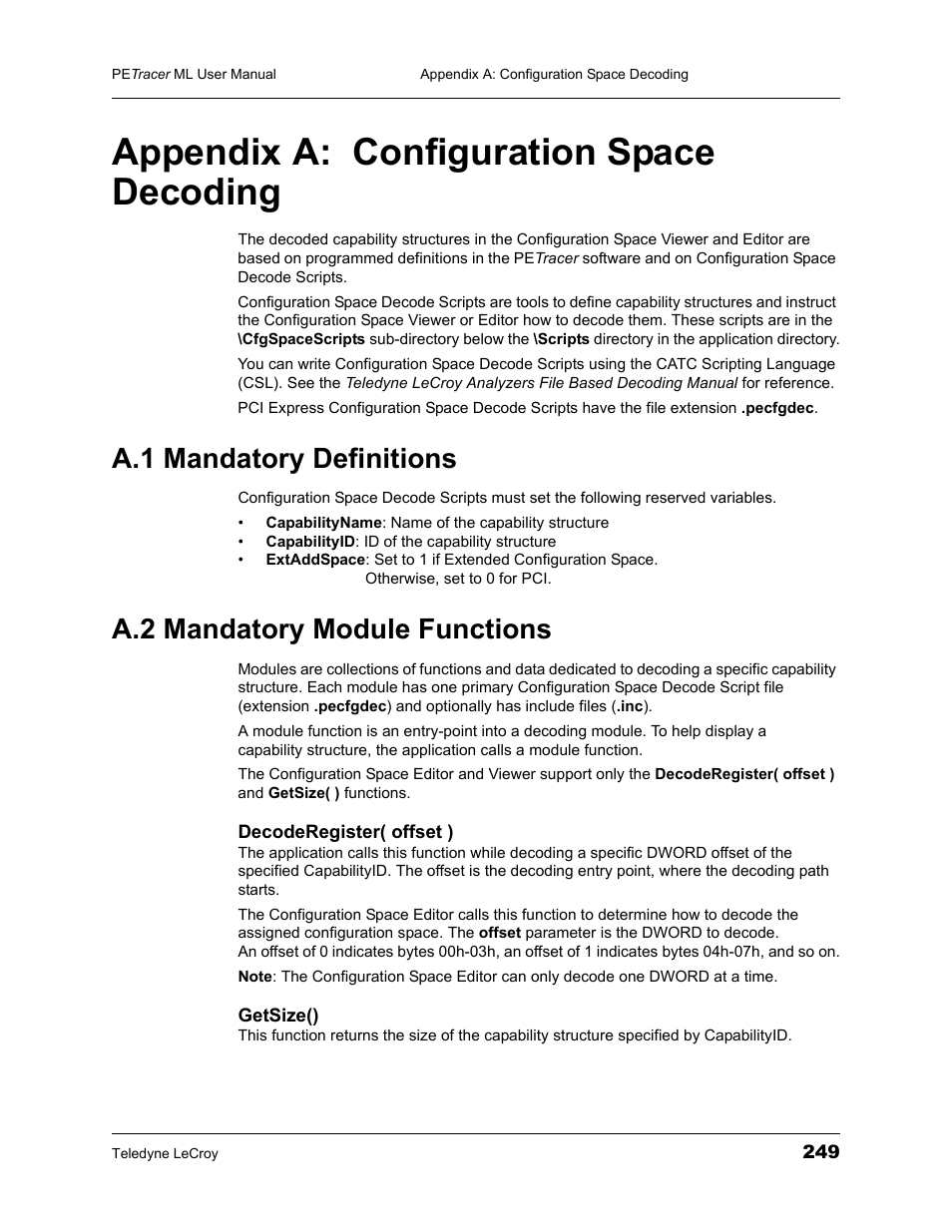 Appendix a: configuration space decoding, A.1 mandatory definitions, A.2 mandatory module functions | Appendix a configuration space decoding | Teledyne LeCroy PETracer ML Analyzer and Exerciser User Manual User Manual | Page 257 / 274