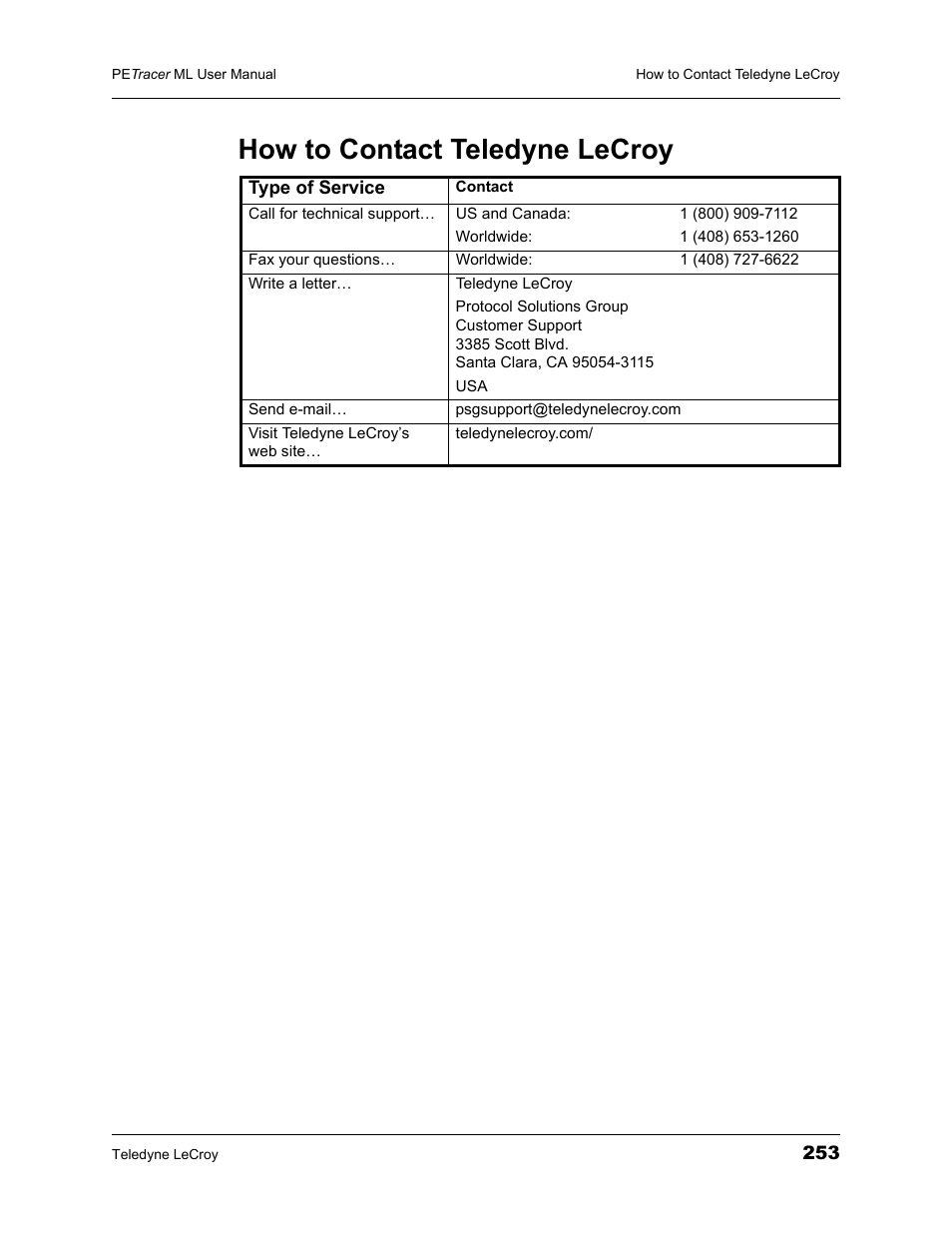 How to contact teledyne lecroy | Teledyne LeCroy PETracer ML Analyzer and Exerciser User Manual User Manual | Page 261 / 274