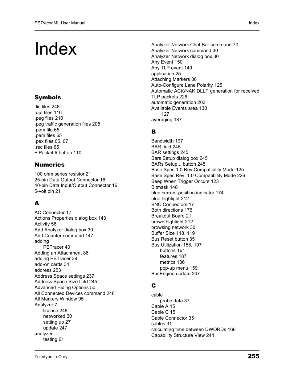 Index, Index 255 | Teledyne LeCroy PETracer ML Analyzer and Exerciser User Manual User Manual | Page 263 / 274