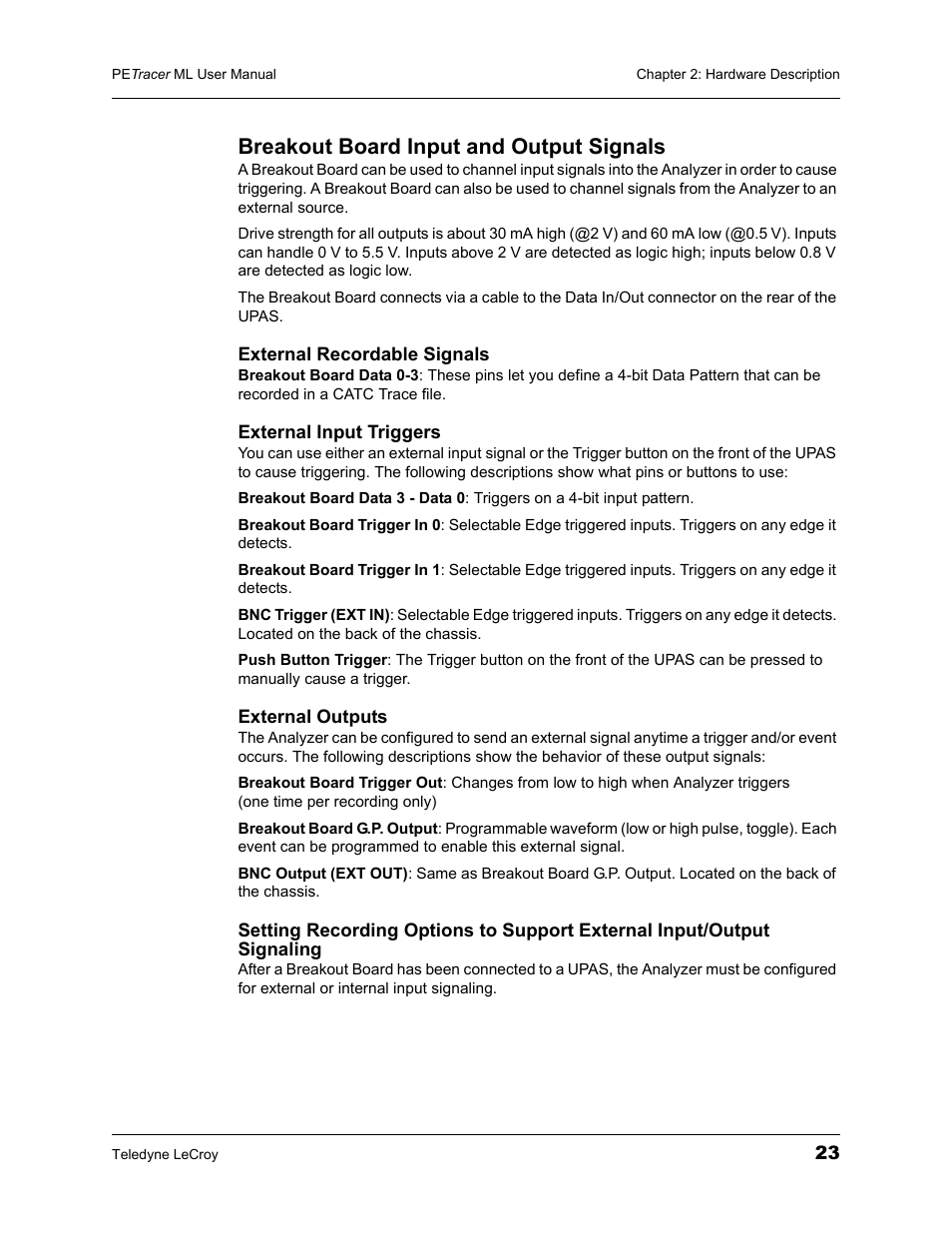 Breakout board input and output signals | Teledyne LeCroy PETracer ML Analyzer and Exerciser User Manual User Manual | Page 31 / 274