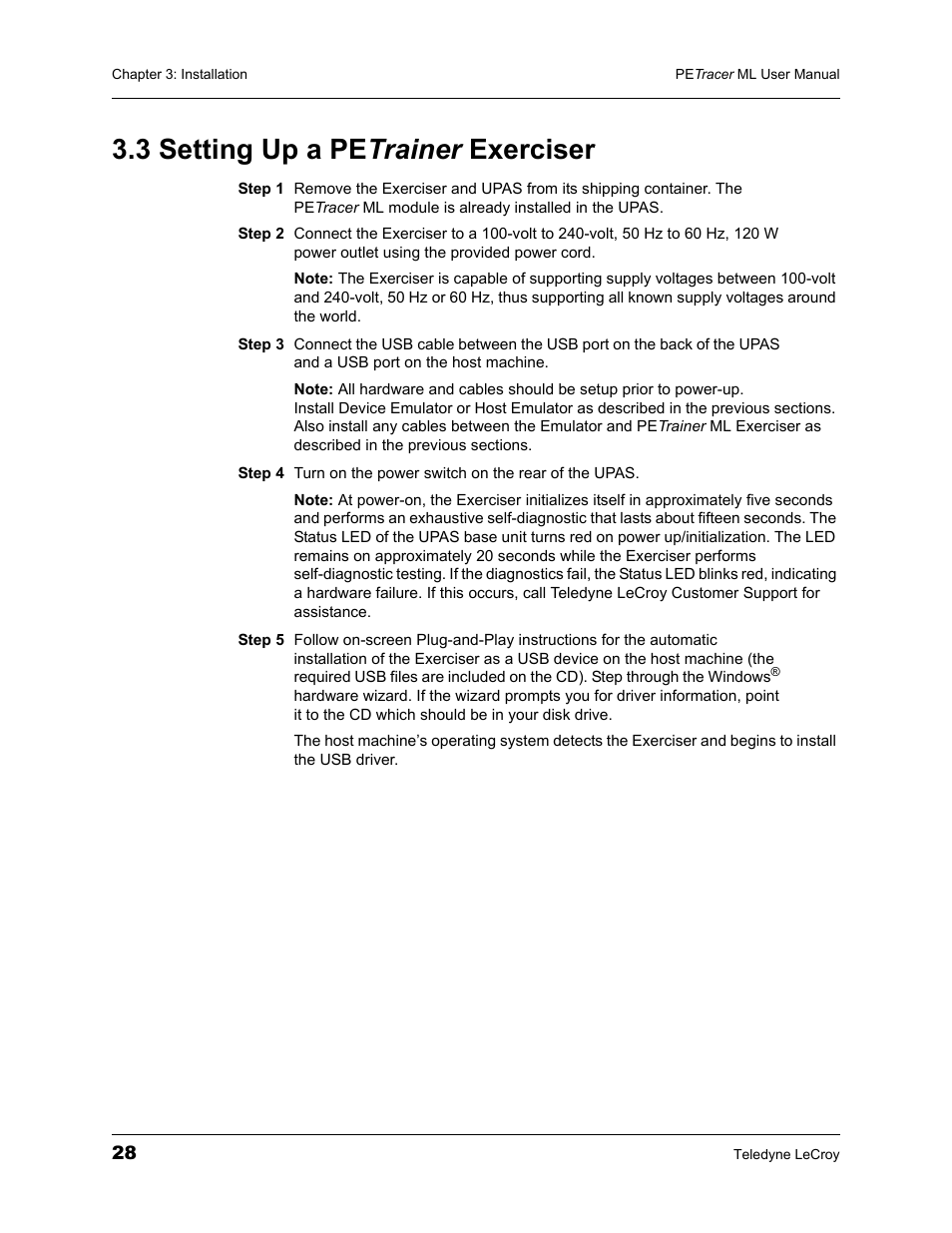 3 setting up a petrainer exerciser, 3 setting up a pe trainer exerciser | Teledyne LeCroy PETracer ML Analyzer and Exerciser User Manual User Manual | Page 36 / 274