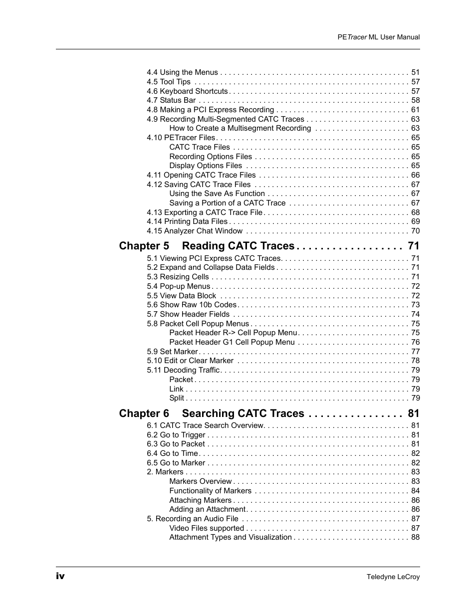 Chapter 5 reading catc traces, Chapter 6 searching catc traces | Teledyne LeCroy PETracer ML Analyzer and Exerciser User Manual User Manual | Page 4 / 274