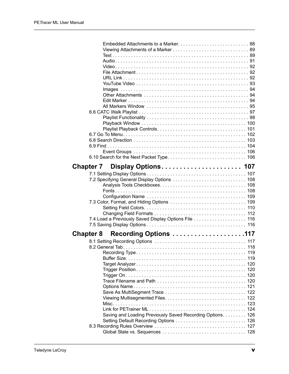 Chapter 7 display options, Chapter 8 recording options | Teledyne LeCroy PETracer ML Analyzer and Exerciser User Manual User Manual | Page 5 / 274