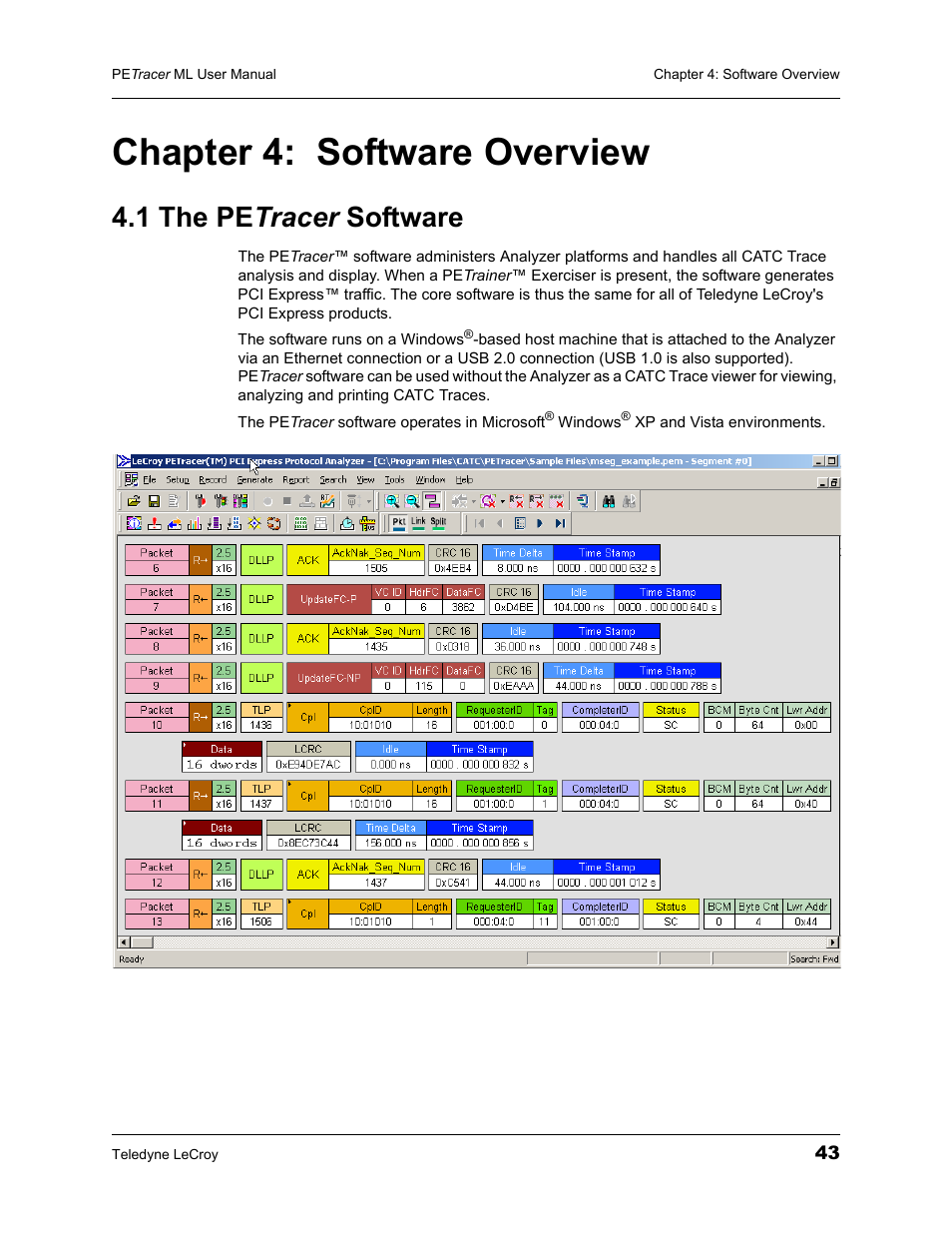 Chapter 4: software overview, 1 the petracer software, Chapter 4 | Software overview, 1 the pe tracer software | Teledyne LeCroy PETracer ML Analyzer and Exerciser User Manual User Manual | Page 51 / 274