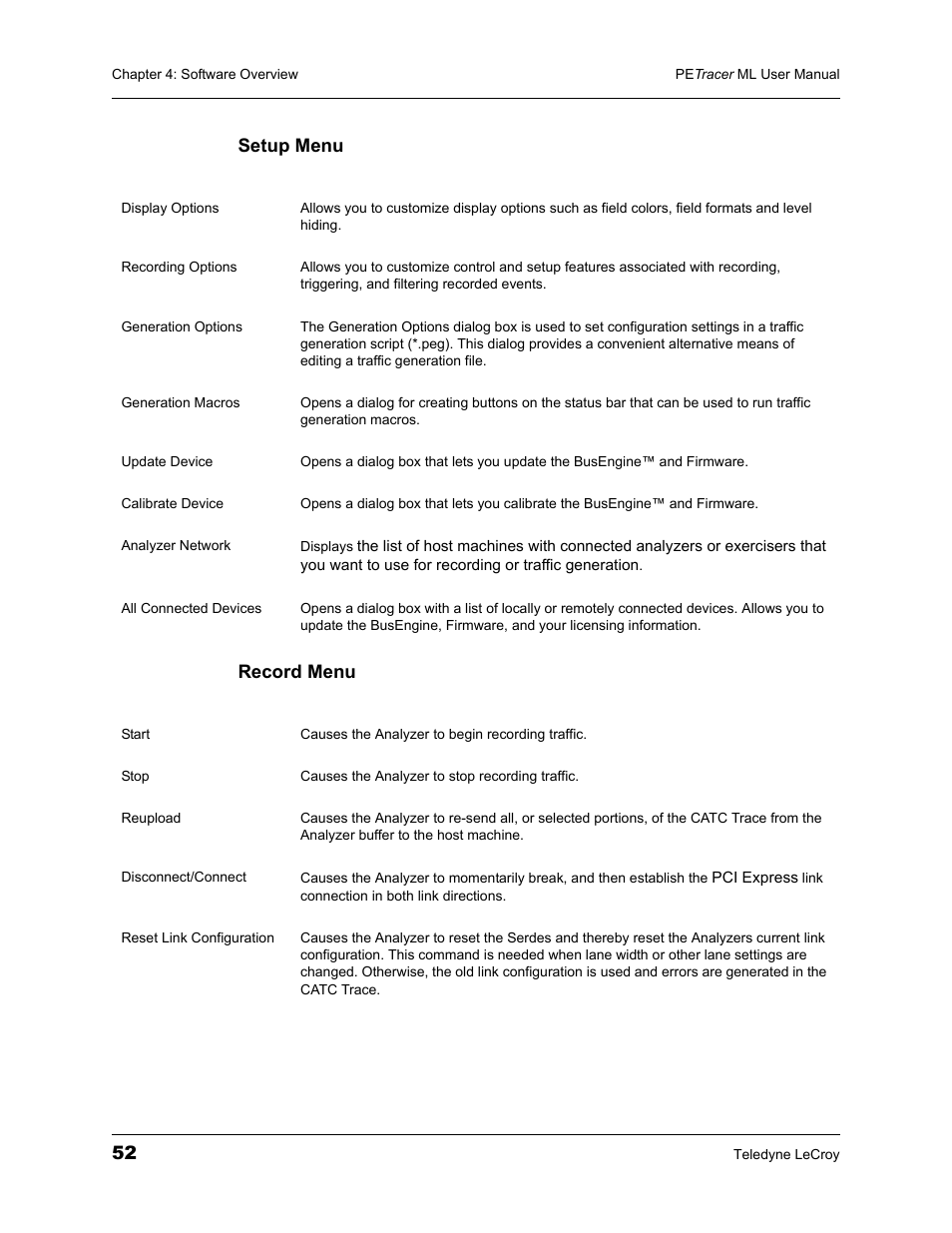Setup menu record menu | Teledyne LeCroy PETracer ML Analyzer and Exerciser User Manual User Manual | Page 60 / 274