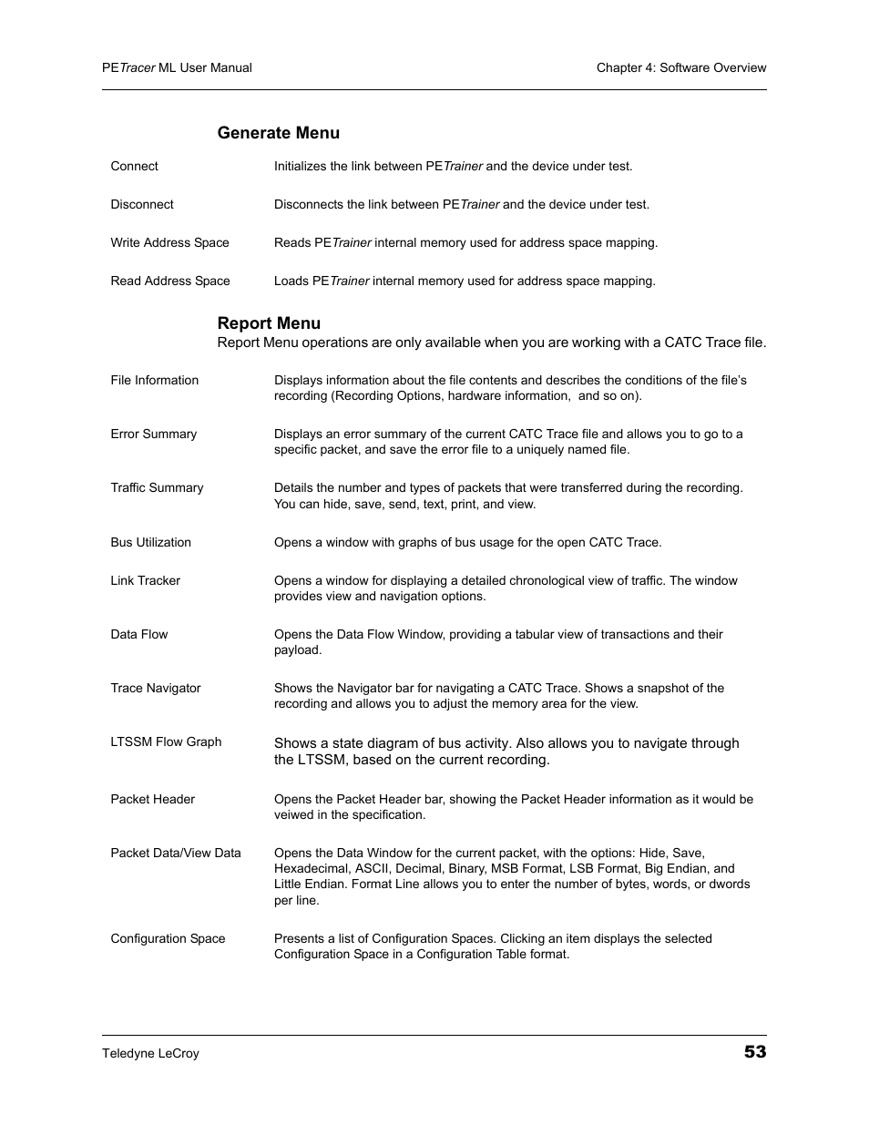 53 generate menu report menu | Teledyne LeCroy PETracer ML Analyzer and Exerciser User Manual User Manual | Page 61 / 274