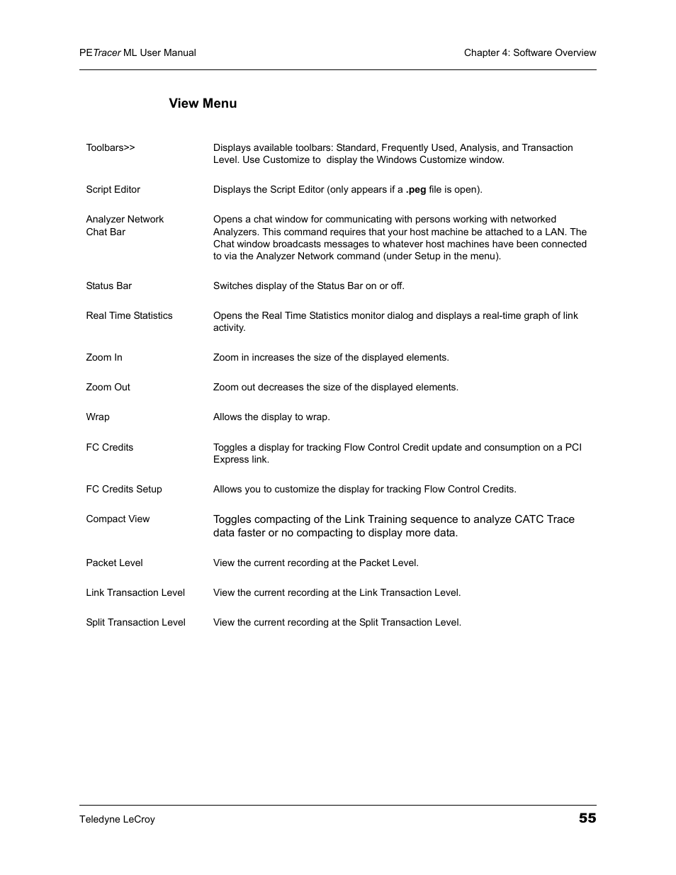55 view menu | Teledyne LeCroy PETracer ML Analyzer and Exerciser User Manual User Manual | Page 63 / 274