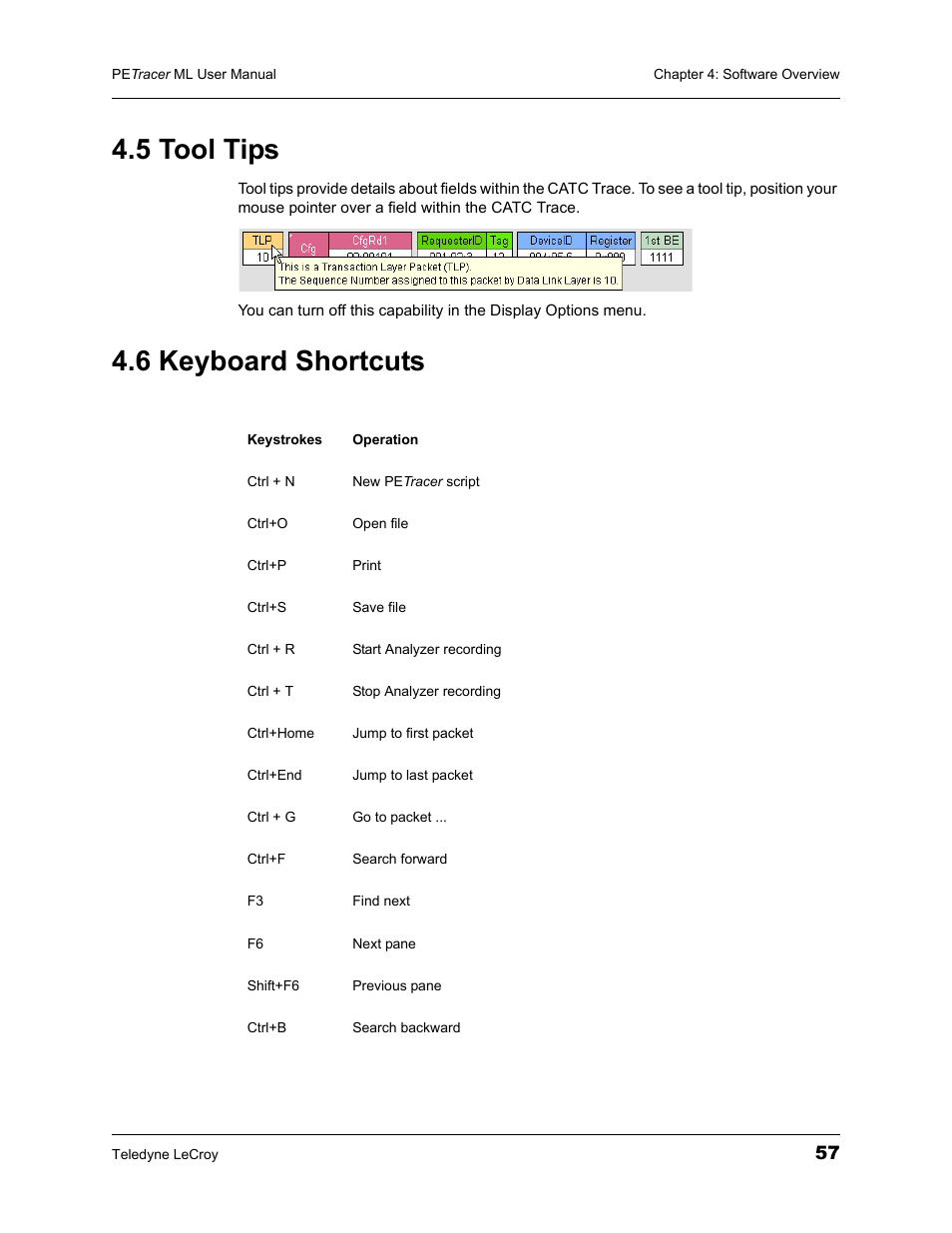 5 tool tips, 6 keyboard shortcuts, 5 tool tips 4.6 keyboard shortcuts | Teledyne LeCroy PETracer ML Analyzer and Exerciser User Manual User Manual | Page 65 / 274