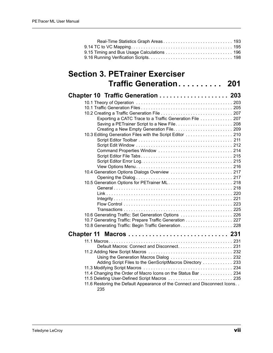 Chapter 10 traffic generation, Chapter 11 macros | Teledyne LeCroy PETracer ML Analyzer and Exerciser User Manual User Manual | Page 7 / 274