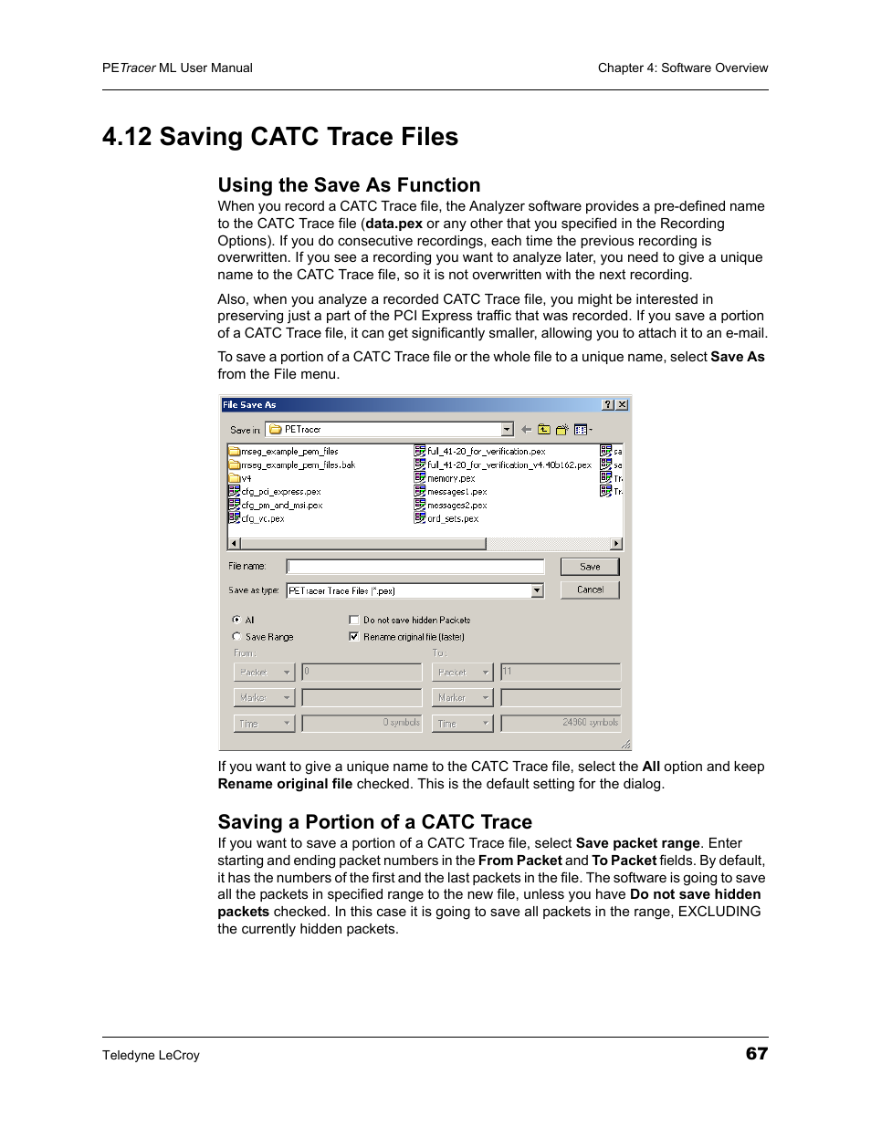 12 saving catc trace files, Using the save as function, Saving a portion of a catc trace | Teledyne LeCroy PETracer ML Analyzer and Exerciser User Manual User Manual | Page 75 / 274